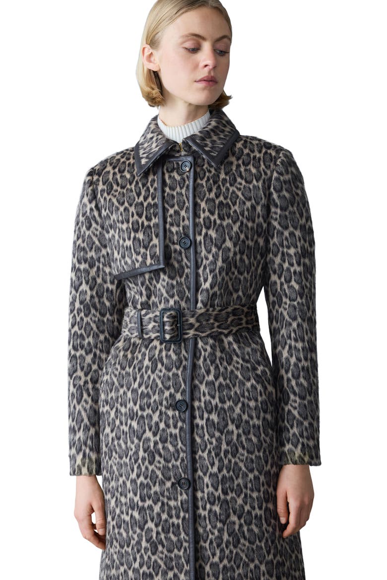 Zeva-A Leopard Pattern Wool Blend & Leather Trench Coat, Alternate, color, LIGHT CAMEL MULTI