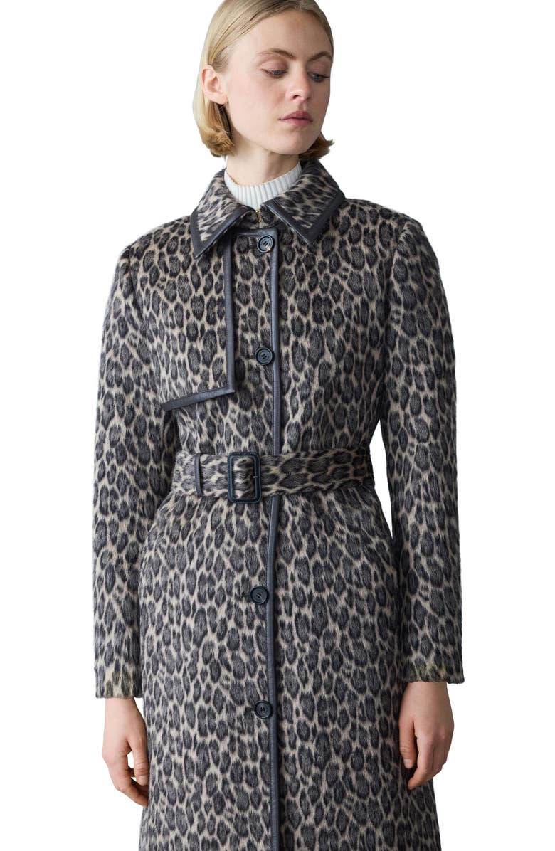 Mackage Zeva-A Leopard Pattern Wool Blend & Leather Trench Coat, Alternate, color,