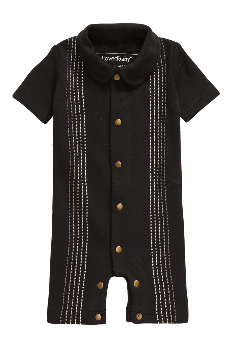 Embroidered Short Sleeve Romper, Main, color, BLACK DASH