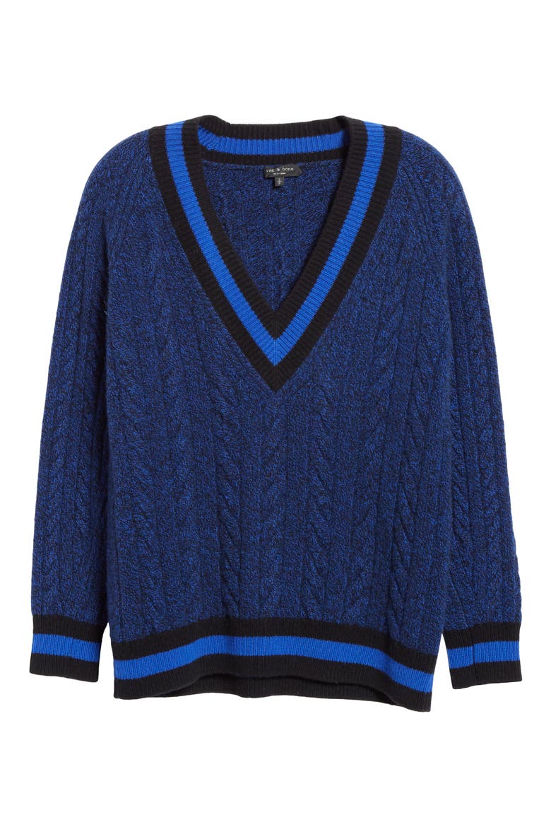 Theon Merino Wool Plunge Neck Tennis Sweater, Alternate, color, BLUE/ BLACK