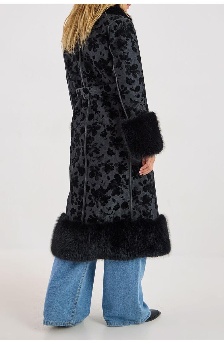 NASTY GAL Faux Fur Floral Jacquard Coat, Alternate, color, Black
