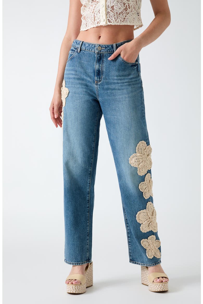 Gaia Floral Appliqué High Waist Straight Leg Jeans, Main, color, DARK BLUE