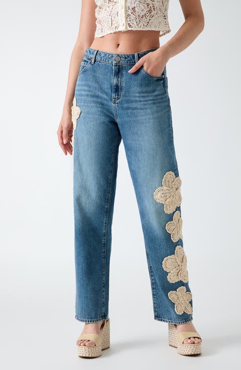 Gaia Floral Appliqué High Waist Straight Leg Jeans