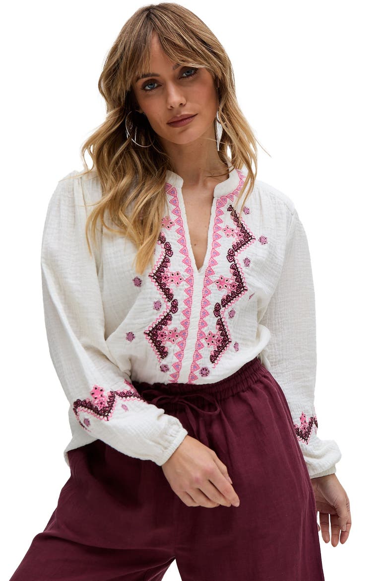 Dina V-Neck Embroidered Blouse, Alternate, color, White