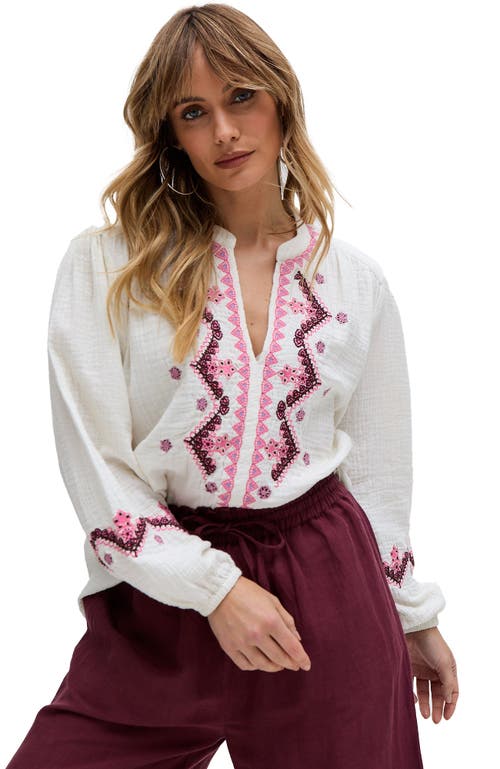 Raffya Dina V-neck Embroidered Blouse In White