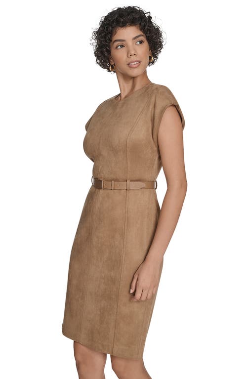 Calvin Klein Cap Sleeve Belted Faux Suede Sheath Dress In Brown