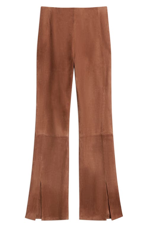 Theory Slit Hem Straight Leg Suede Pants In Brown