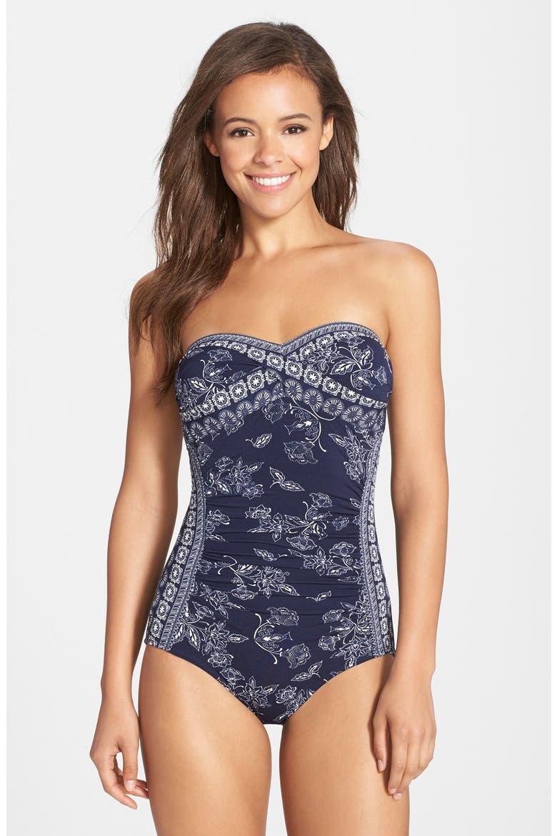 'Satchi' Floral Bandeau Swimsuit, Main, color, NAVY CREAM