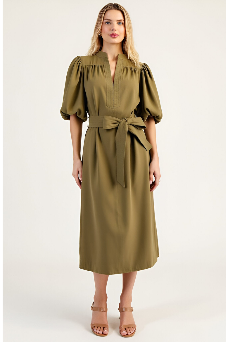 Belted Midi Dress with Puff Elbow Sleeves and Keyhole Neckline, Main, color, Olive Green