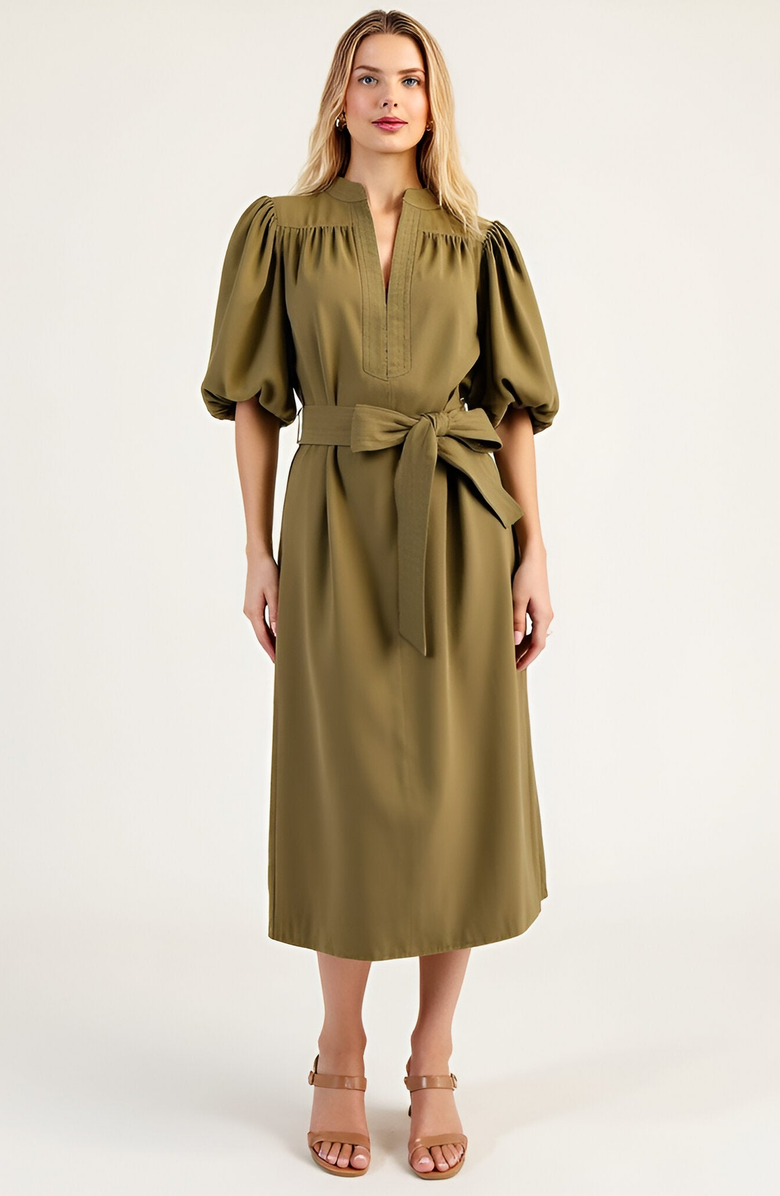 Modenaire Belted Midi Dress with Puff Elbow Sleeves and Keyhole Neckline, Main, color, Olive Green