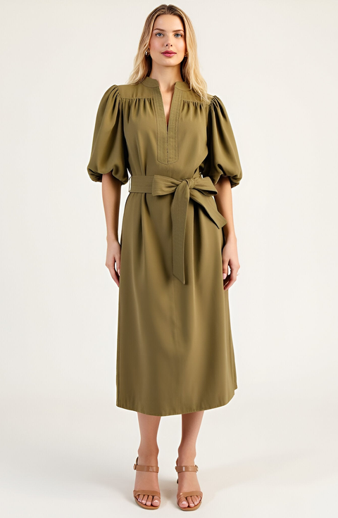Belted Midi Dress with Puff Elbow Sleeves and Keyhole Neckline