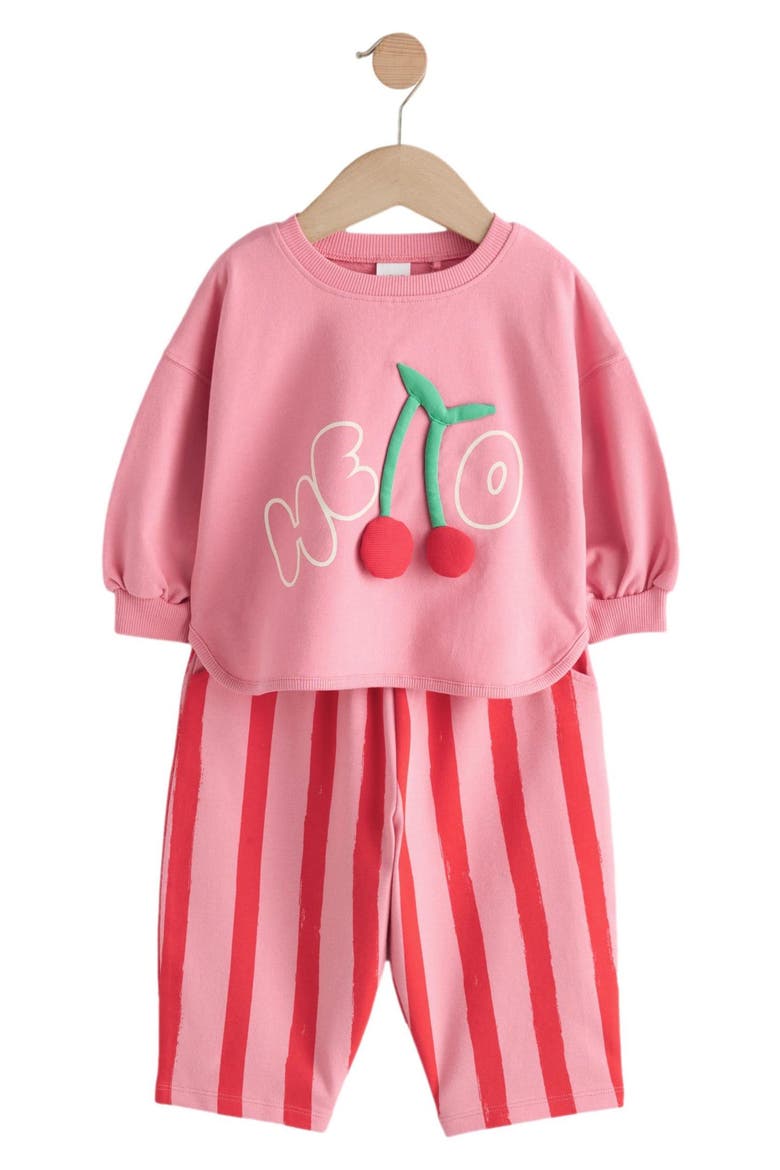 Kids' Hello Cherry Appliqué Cotton Sweatshirt & Stripe Sweatpants Set, Main, color, PINK