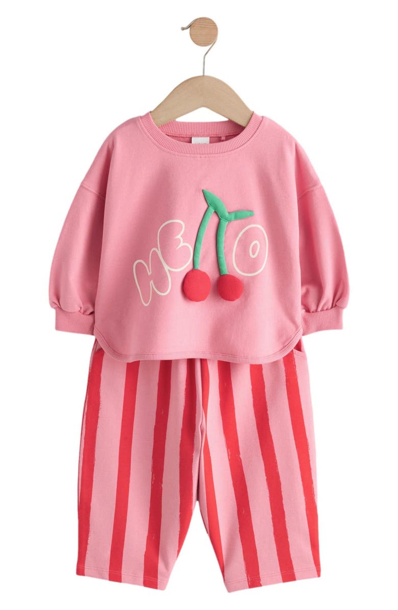 NEXT KIds' Hello Cherry Appliqué Cotton Sweatshirt & Stripe Sweatpants Set, Main, color, Pink
