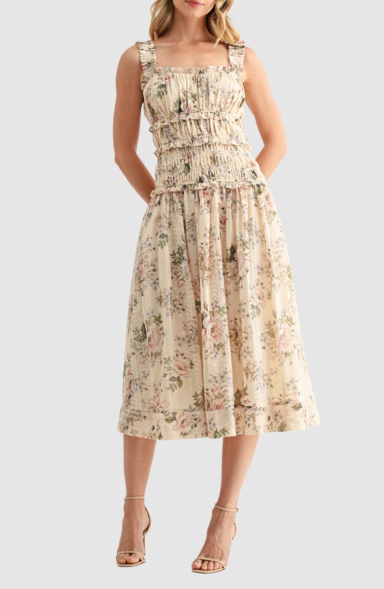 Mila Mae Floral Print Ruched Midi Dress, Main, color, Cream Floral