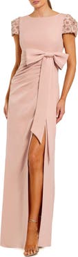 Mac Duggal Beaded Cap Sleeve Crepe Gown With Bow and Slit