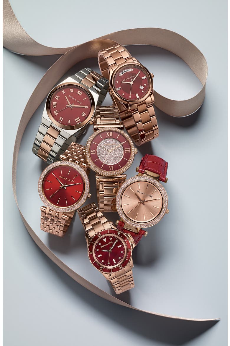 Michael Kors 'Colette' Round Bracelet Watch, 34mm, Alternate, color, ROSE GOLD/ RED