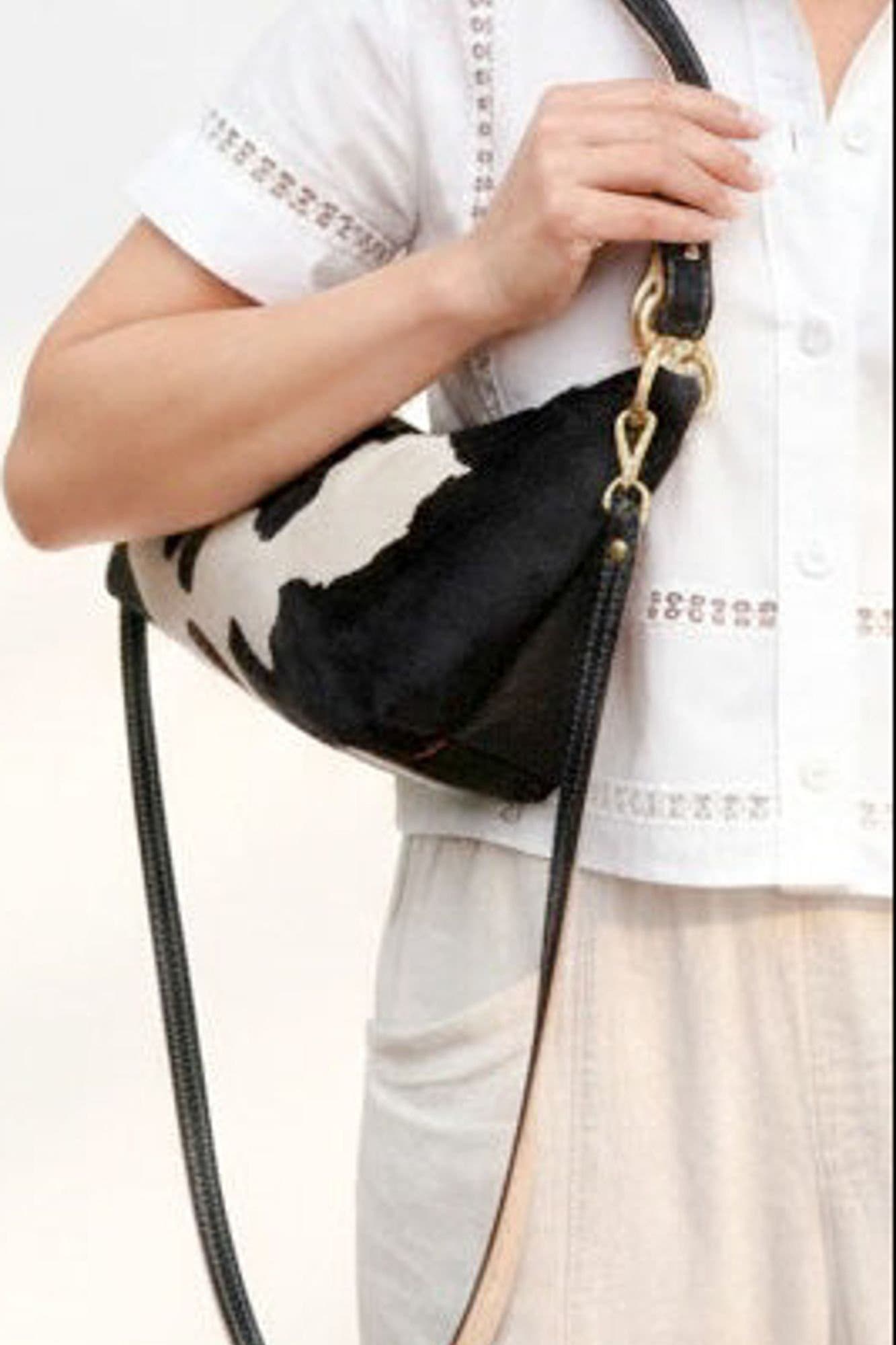 Leather Shoulder Bag, Alternate, color, Black White Cow Print