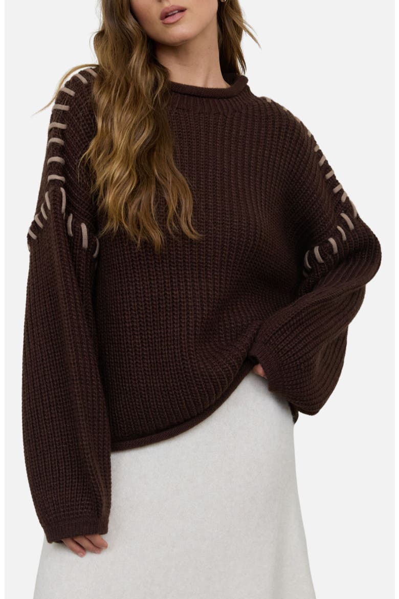 Contrast Stitch Mock Neck Sweater, Main, color, CHOCOLATE