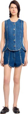 SANDRO Rhinestone denim top