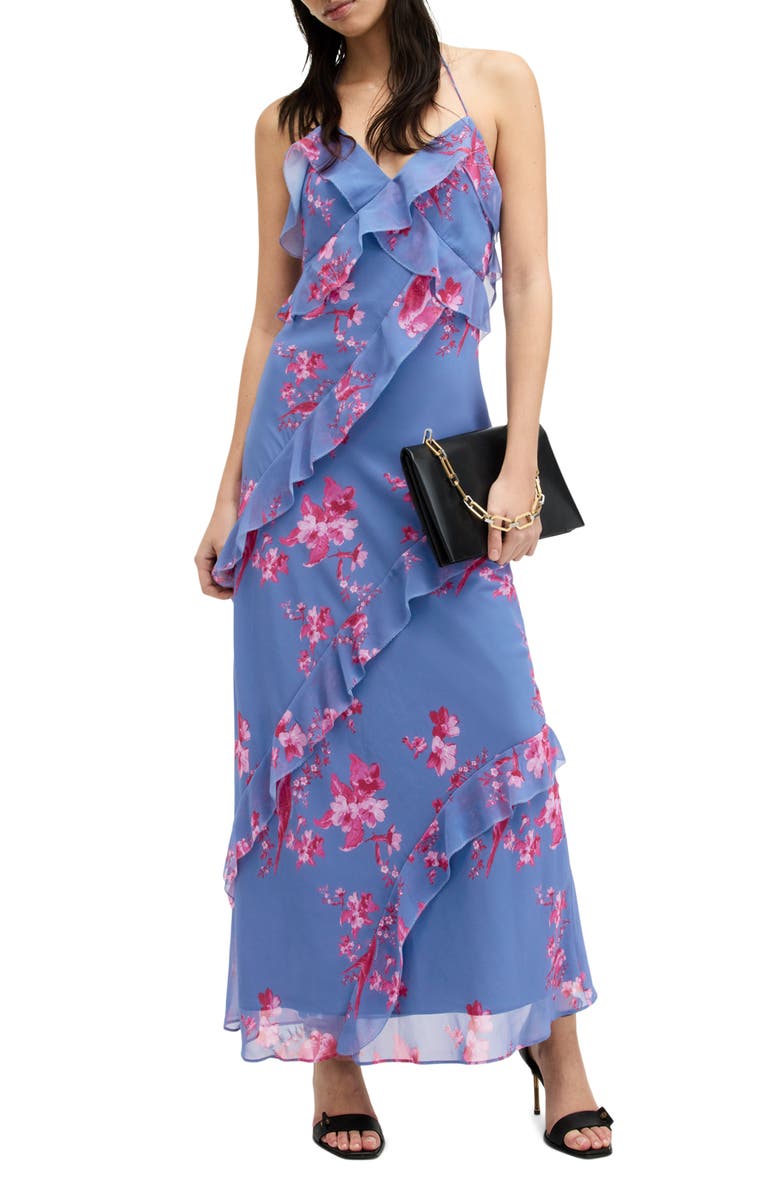 AllSaints Marina Iona Floral Halter Maxi Dress, Alternate, color, Neon Pink