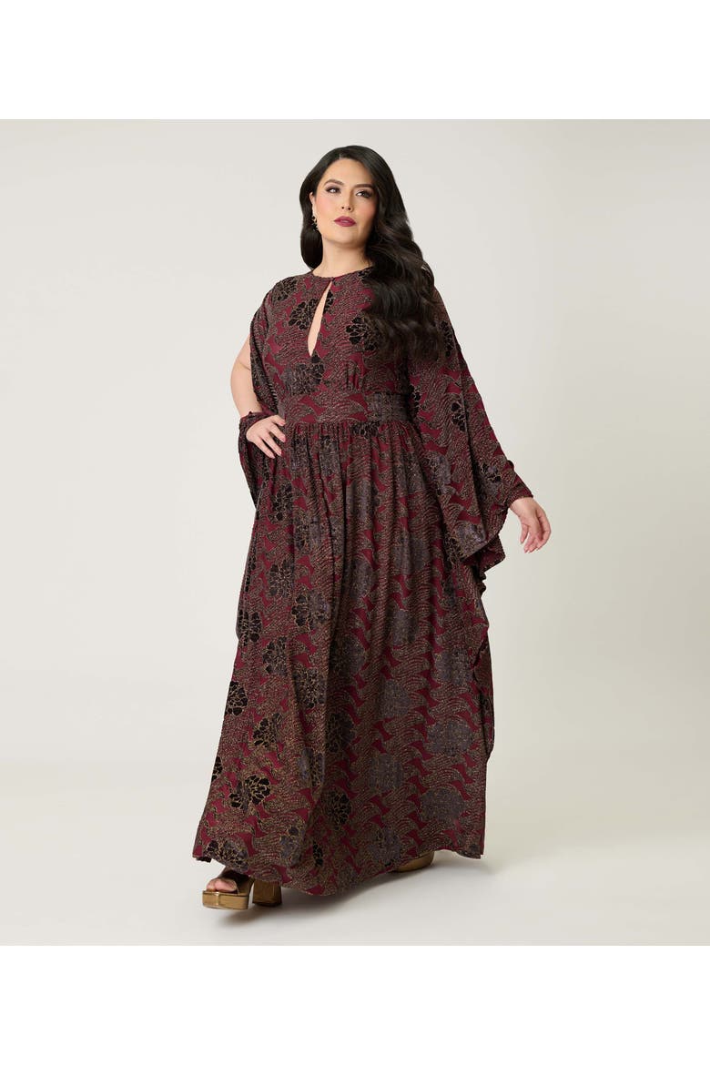 Plus Size 1960s Flutter Sleeve Caftan, Alternate, color, Burgundy Floral