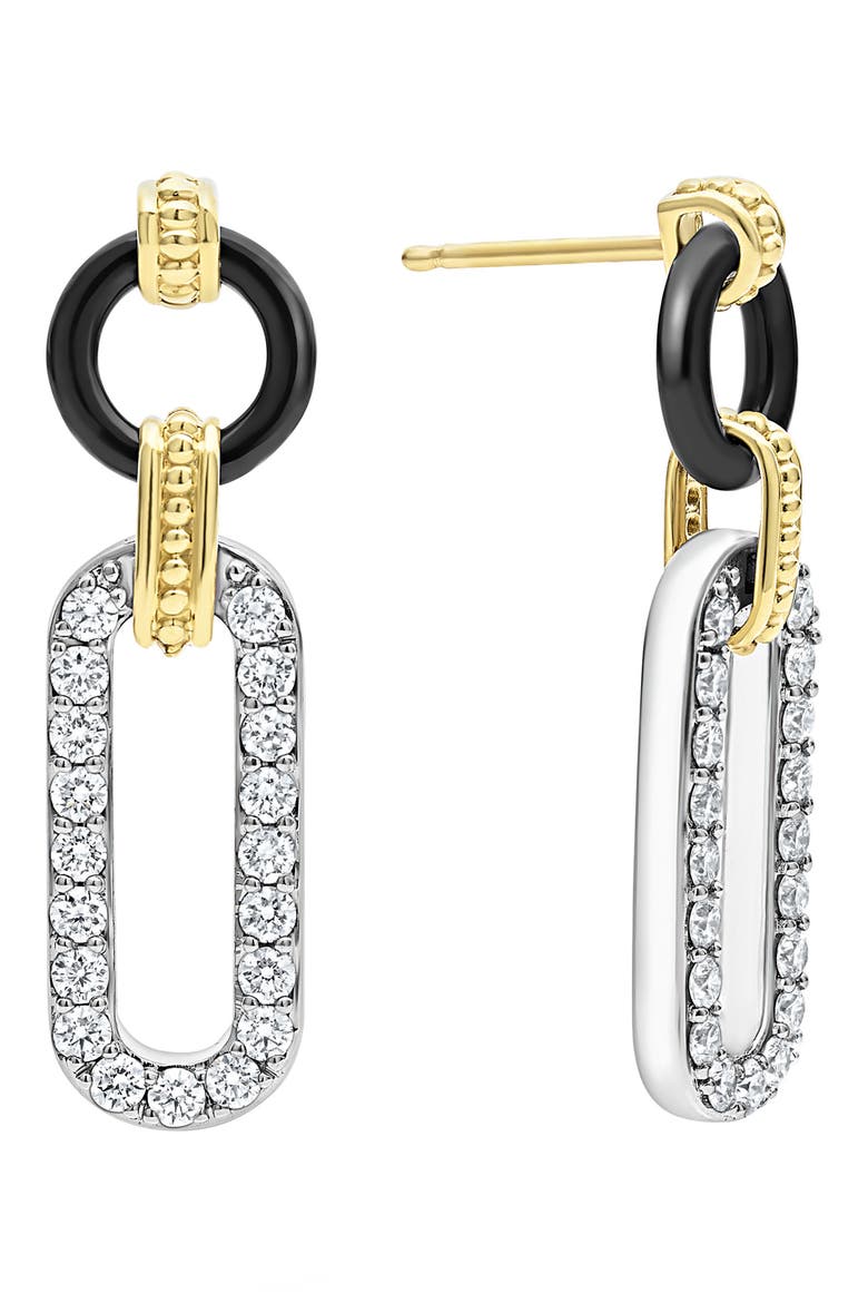 Signature Caviar Diamond & Black Ceramic Link Drop Earrings, Alternate, color, BLACK