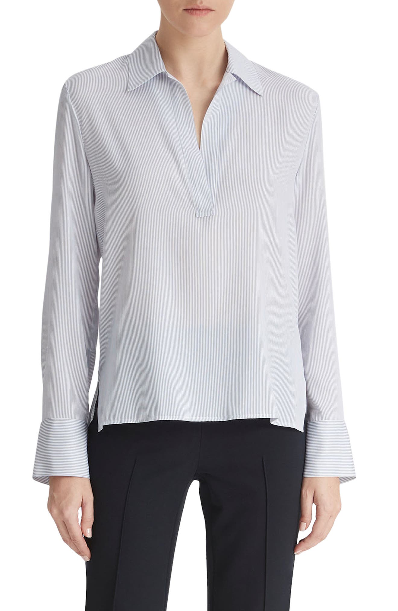 Micro Stripe Stretch Silk Popover Shirt