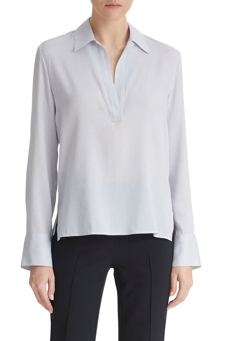Micro Stripe Stretch Silk Popover Shirt, Main, color, SKY GRAPHITE