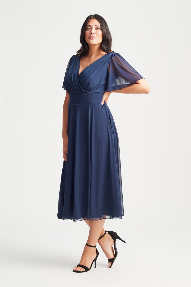 Victoria Solid Angel Sleeve Midi Dress, Alternate, color, Solid Navy
