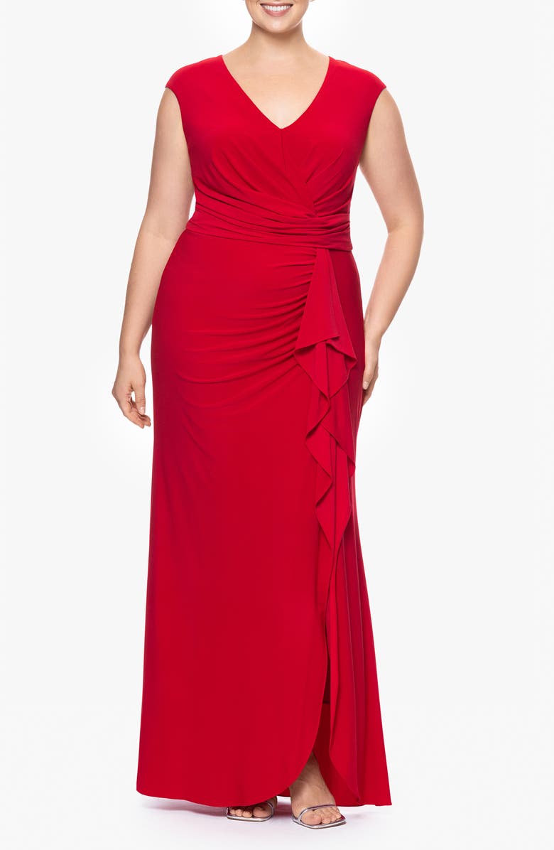 Betsy & Adam Ruffle Trim V-Neck Gown, Main, color, 