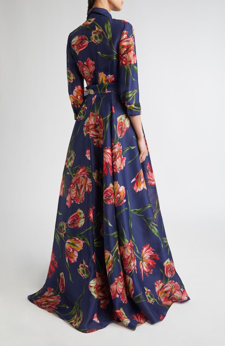 Carolina Herrera Tulip Print Silk Gazar Trench Gown, Alternate, color, Dark Navy Multi