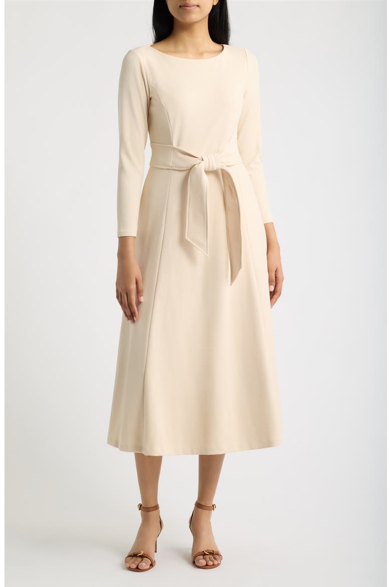 Tie Waist Scuba Crepe Midi Dress, Main, color, MACADAMIA