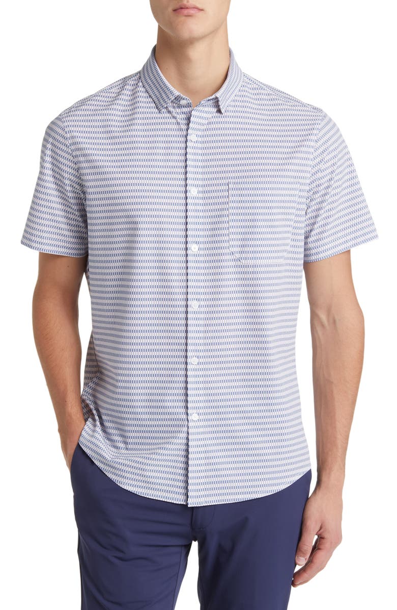 Mizzen+Main Leeward Trim Fit Rose Quartz Grid Short Sleeve Button-Up Performance Shirt, Main, color, 