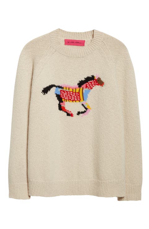 Glacier Horse Intarsia Slub Cashmere Crewneck Sweater