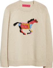The Elder Statesman Glacier Horse Intarsia Slub Cashmere Crewneck Sweater