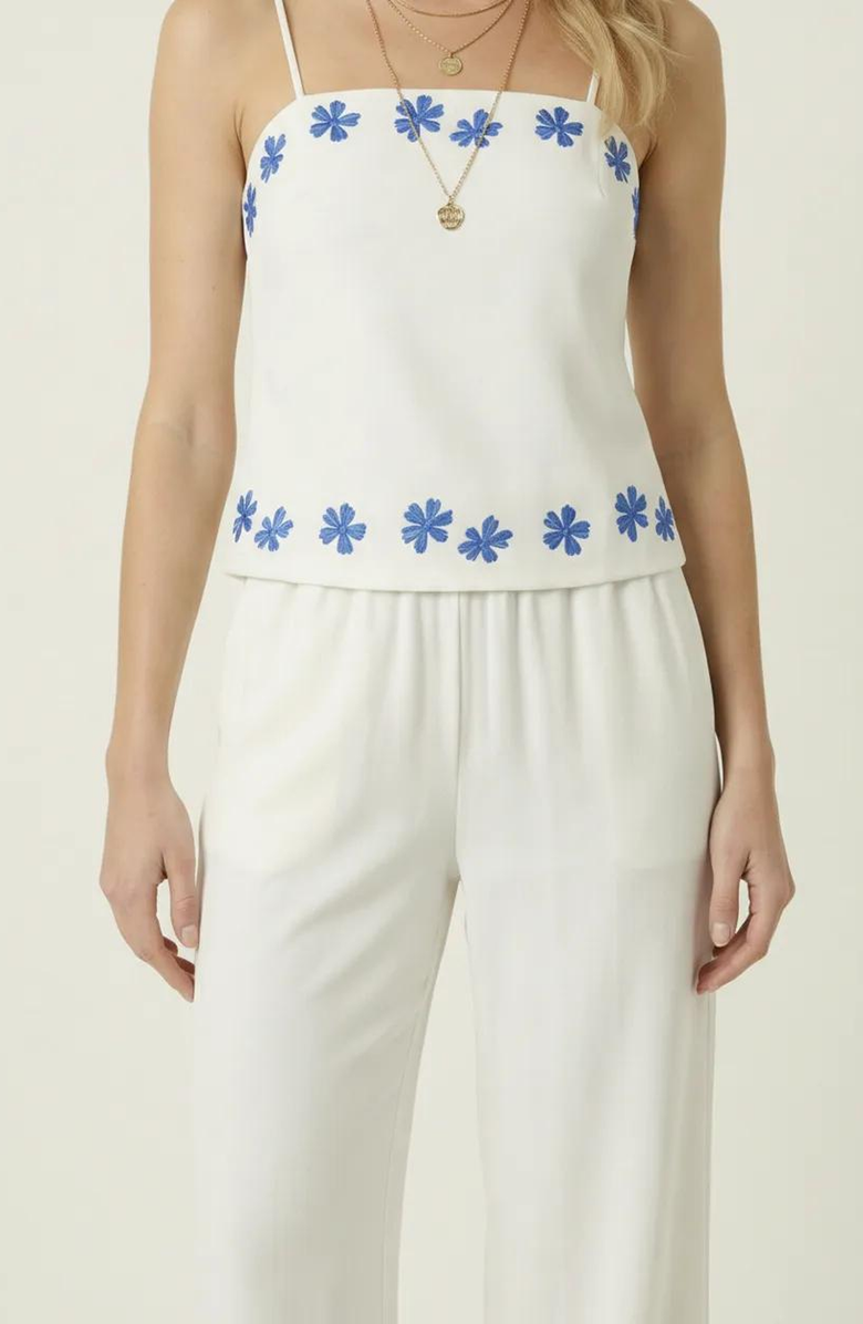 Modenaire Embroidered Camisole and Wide-Leg Pant Set with Floral Hem, Alternate, color, White