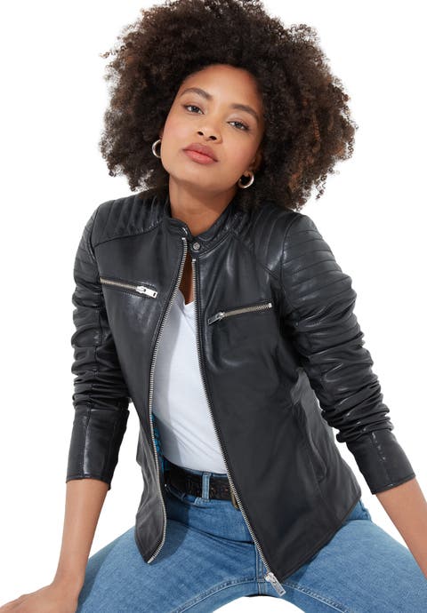 Leather Zip Biker Jacket (Plus)