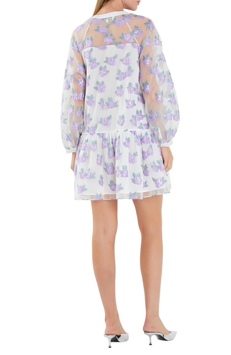 English Factory Floral Button Front Long Sleeve Organza Minidress, Alternate, color, Lilac