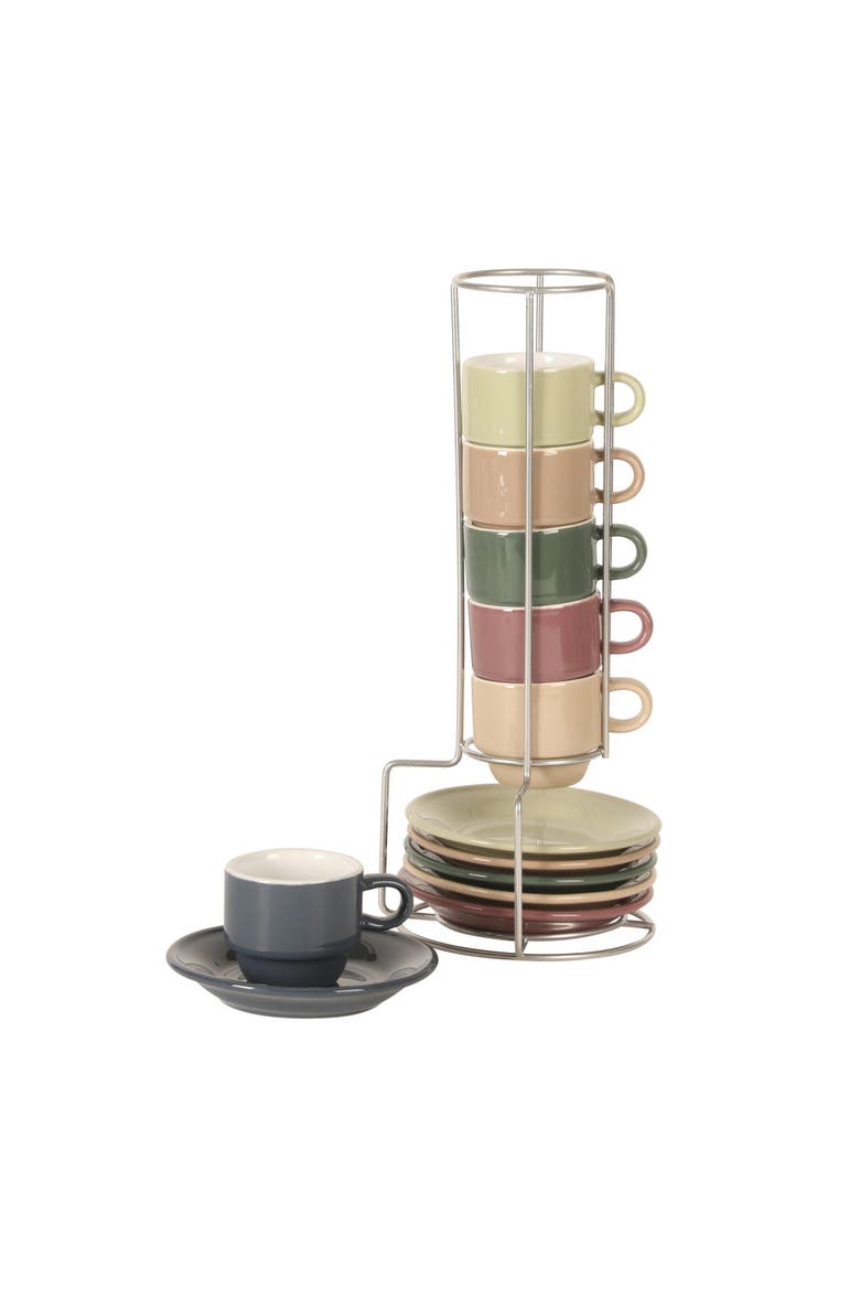 Sensations Stoneware Espresso Cup Set with Metal Rack, Main, color, MultiColors