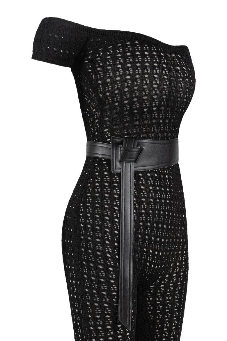 Martine Pointelle Knit Bardot Jumpsuit with Belt, Alternate, color, Black