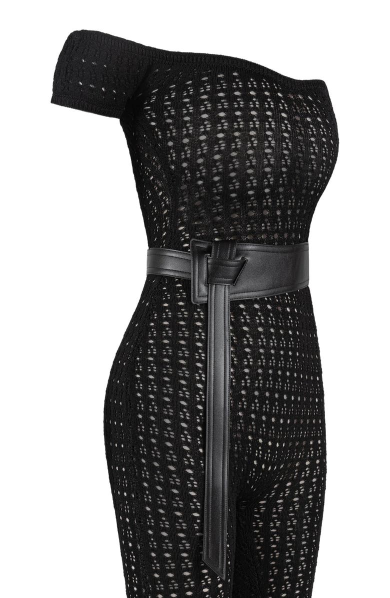 Manière De Voir Martine Pointelle Knit Bardot Jumpsuit with Belt, Alternate, color, Black