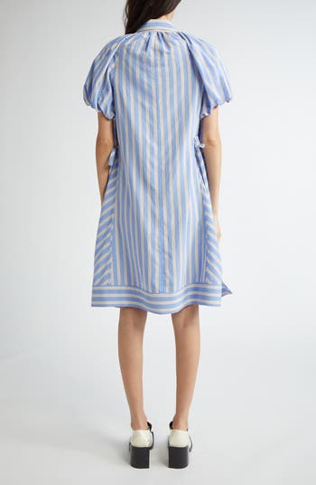 Stripe Puff Sleeve Cotton Blend Shirtdress