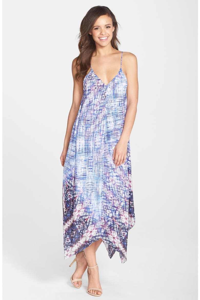 Print Silk Crepe Handkerchief Hem Maxi Dress, Main, color, BLUE MULTI