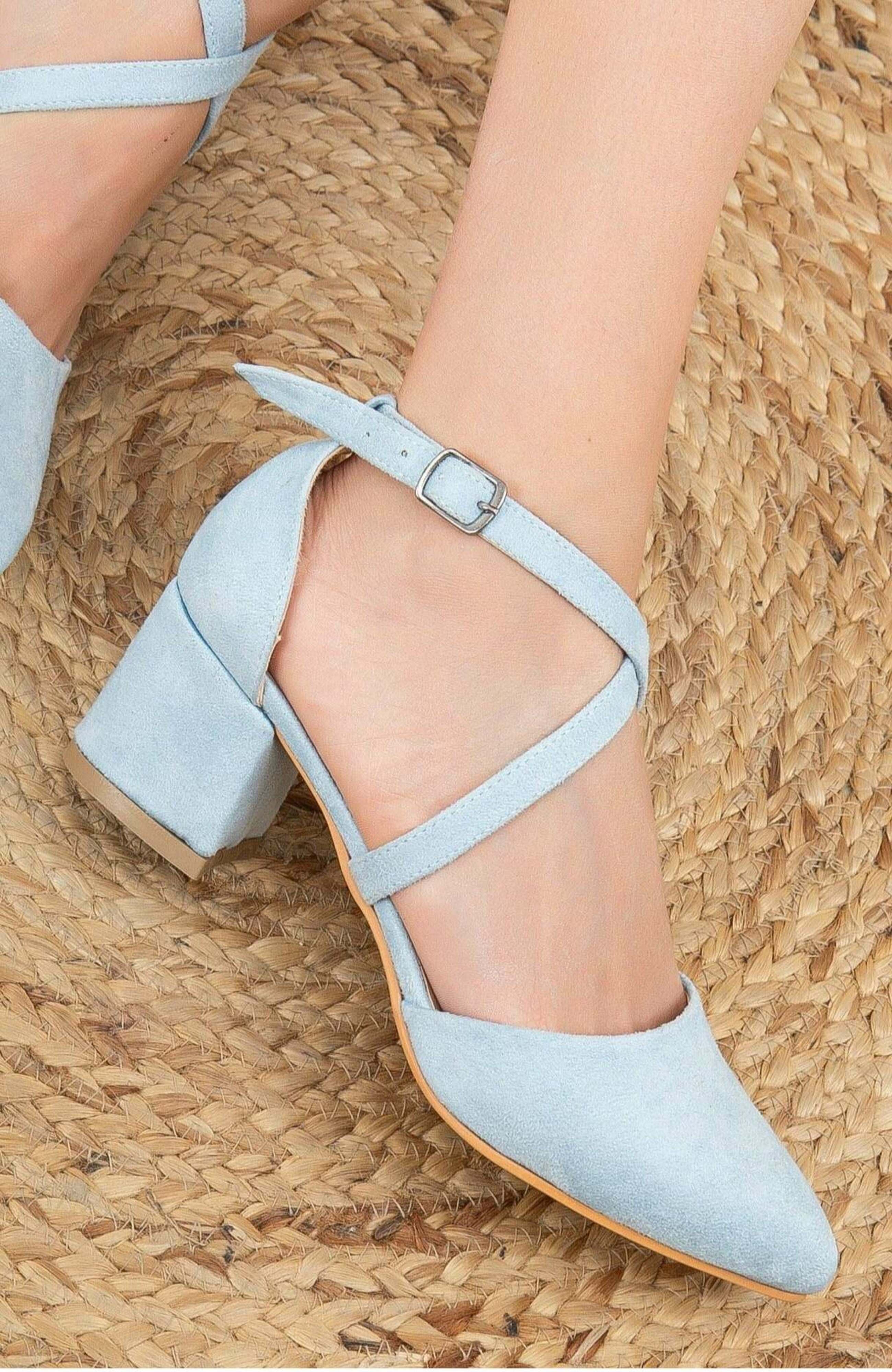 Forever & Always Shoes Dolly Low Block Heel Pumps, Alternate, color, Baby Blue Faux Leather