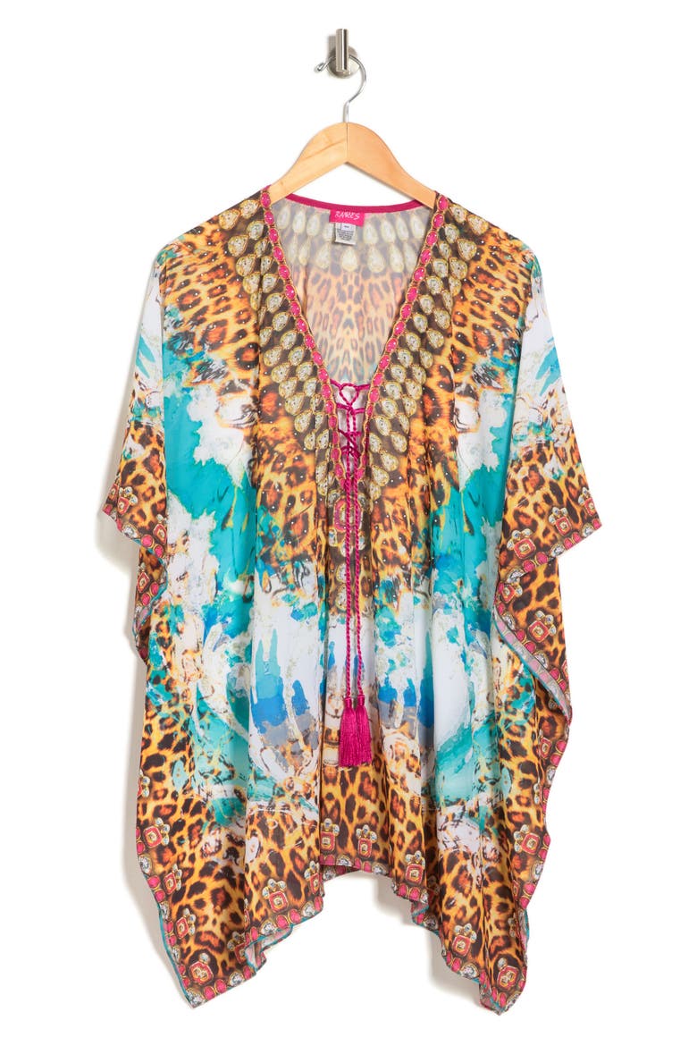 Lace-Up Printed Ruana, Alternate, color, TURQUOISE