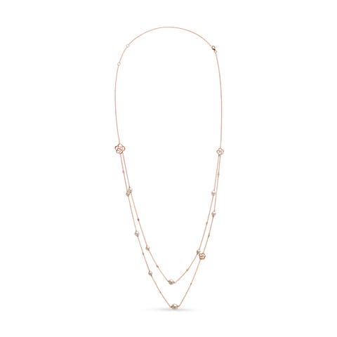 Gold 1/2 Cttw Diamond and Pearl Double Strand Station Necklace