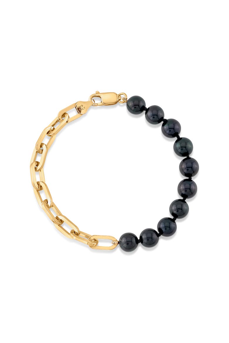 7.5-8.0mm Black Freshwater Pearl & Chain Blake Bracelet, Main, color, Yellow Gold Fill Chain