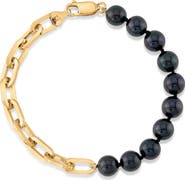 The Pearl Source 7.5-8.0mm Black Freshwater Pearl & Chain Blake Bracelet