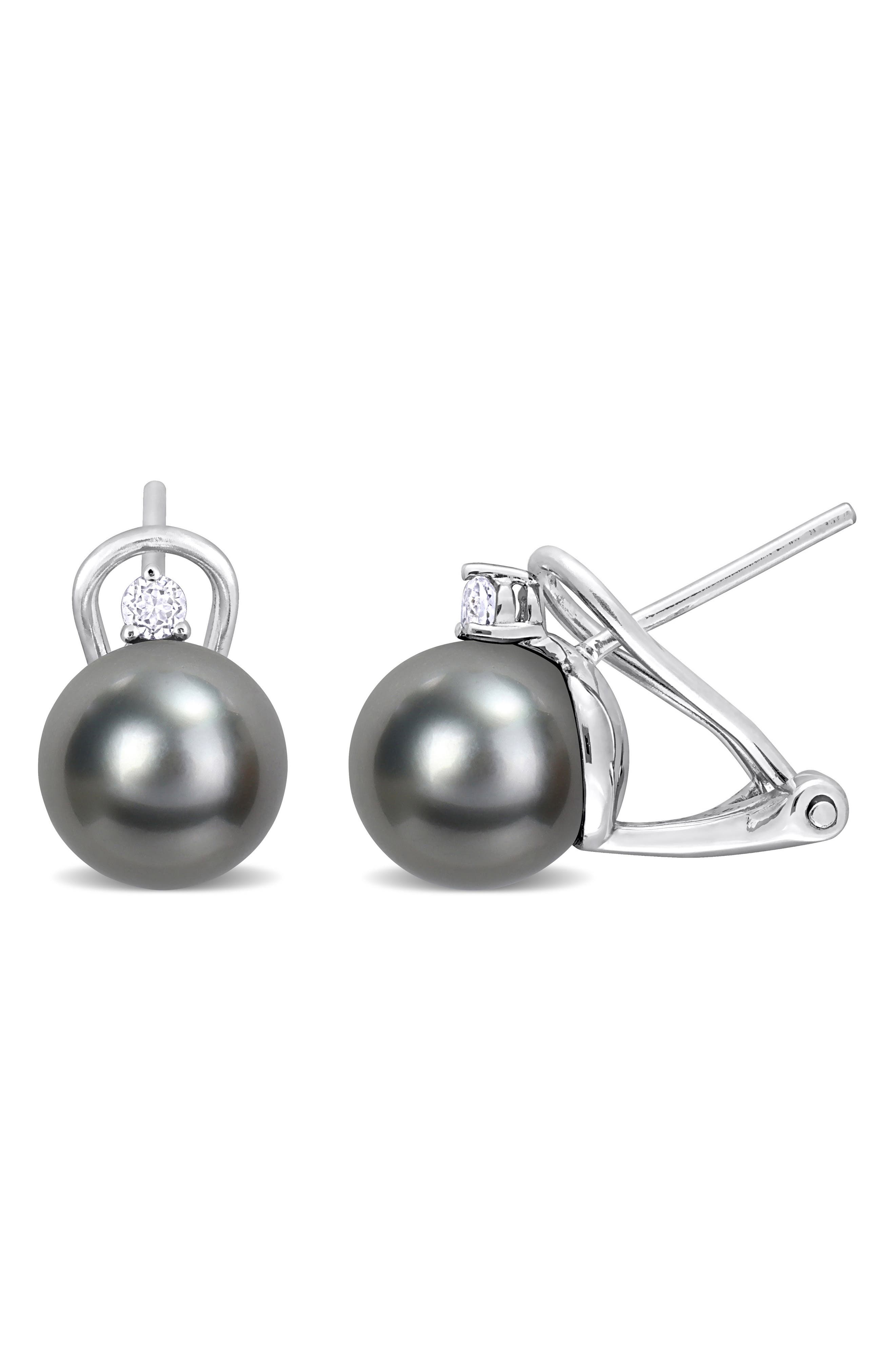 DELMAR Sterling Silver 8–8.5mm Cultured Black Tahitian Pearl & White Topaz Stud Earrings
