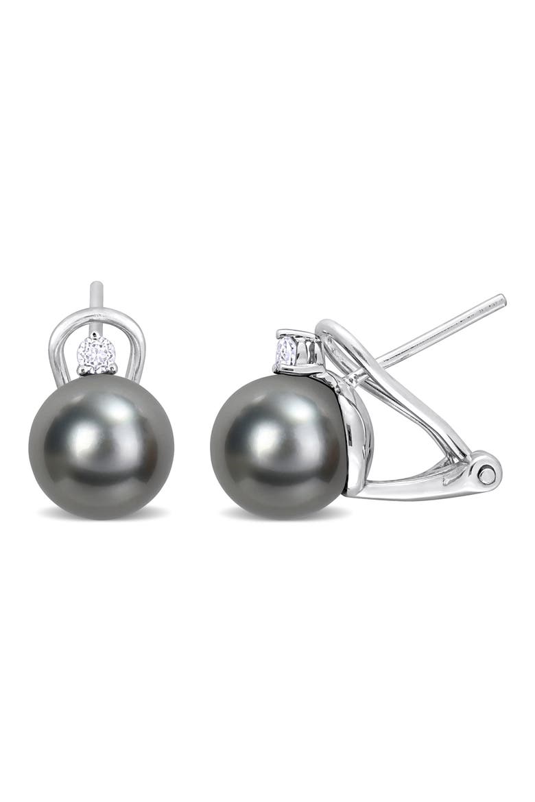 Sterling Silver 8–8.5mm Cultured Black Tahitian Pearl & White Topaz Stud Earrings, Main, color, BLACK
